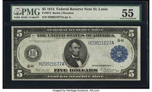 image for: Fr. 874 $5 1914 Federal Reserve Note PMG About Uncirculated 55....