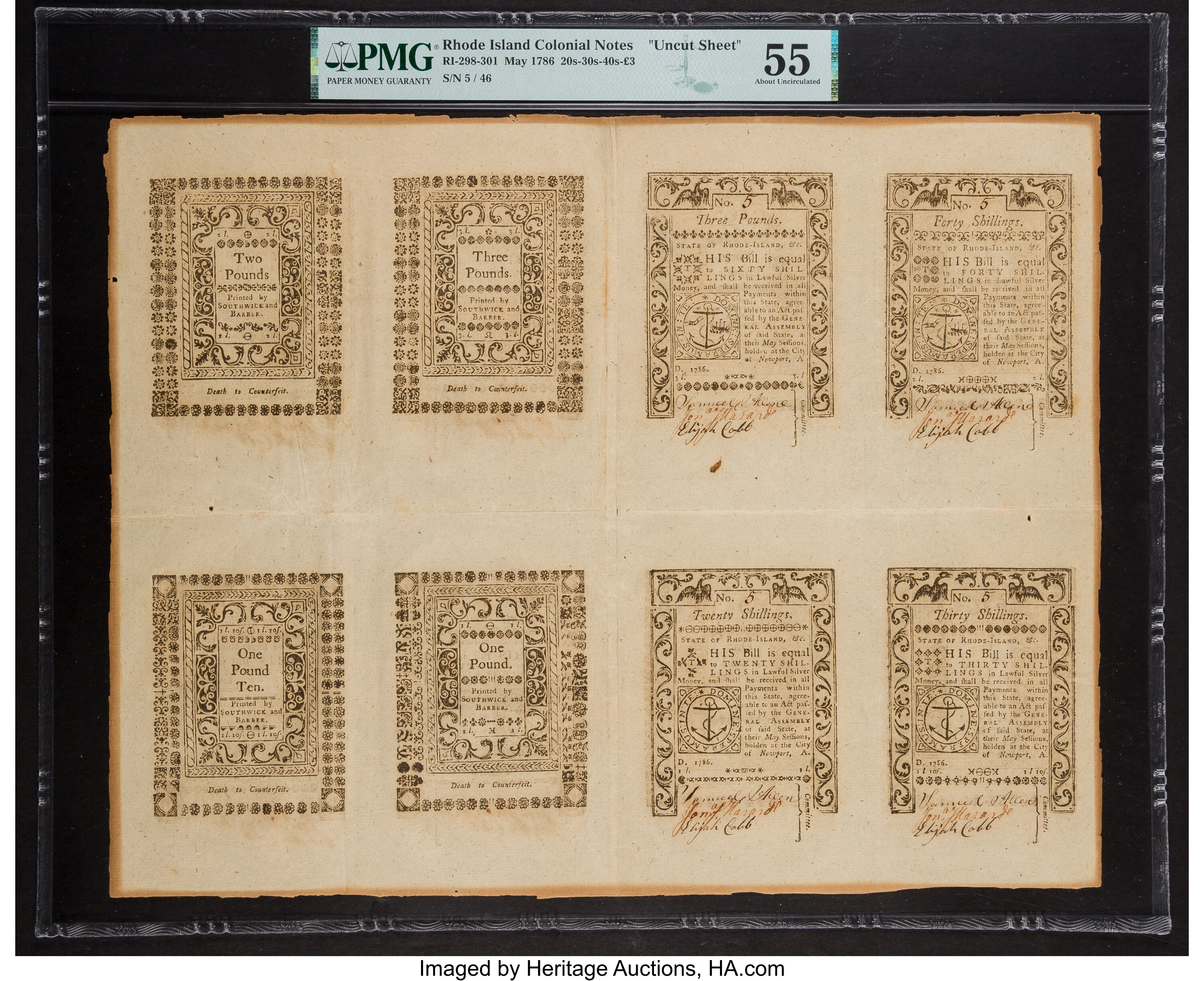 image for: Rhode Island May 1786 Uncut Double Pane Sheet of 20s-30s-40s-£3 PMG About Uncirculated 55....