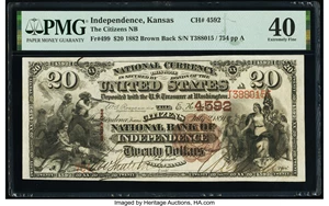 image for: Independence, KS - $20 1882 Brown Back Fr. 499 The Citizens National Bank Ch. # 4592 PMG Extremely Fine 40....