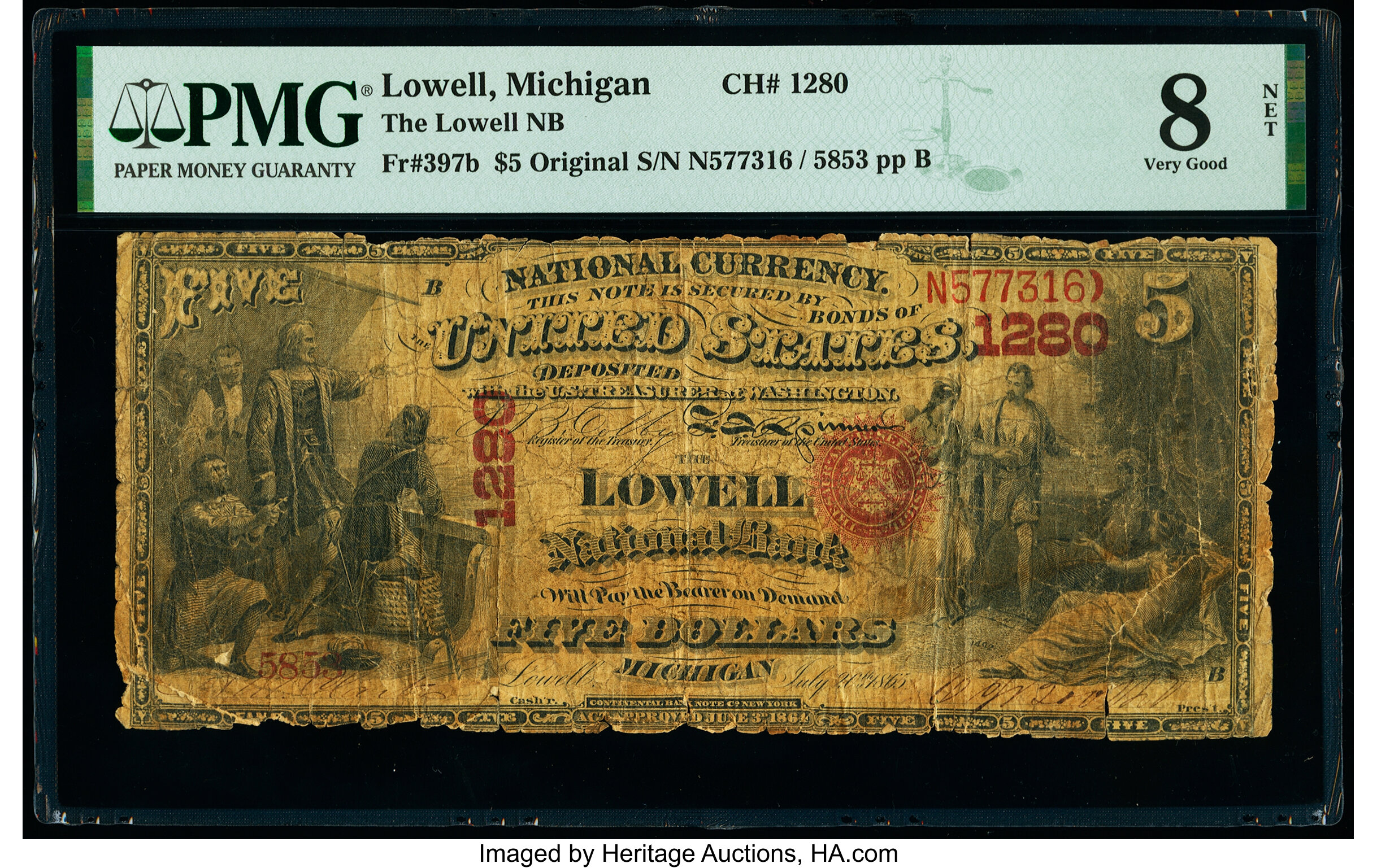 image for: Lowell, MI - $5 Original Fr. 397b The Lowell National Bank Ch. # 1280 PMG Very Good 8 Net....