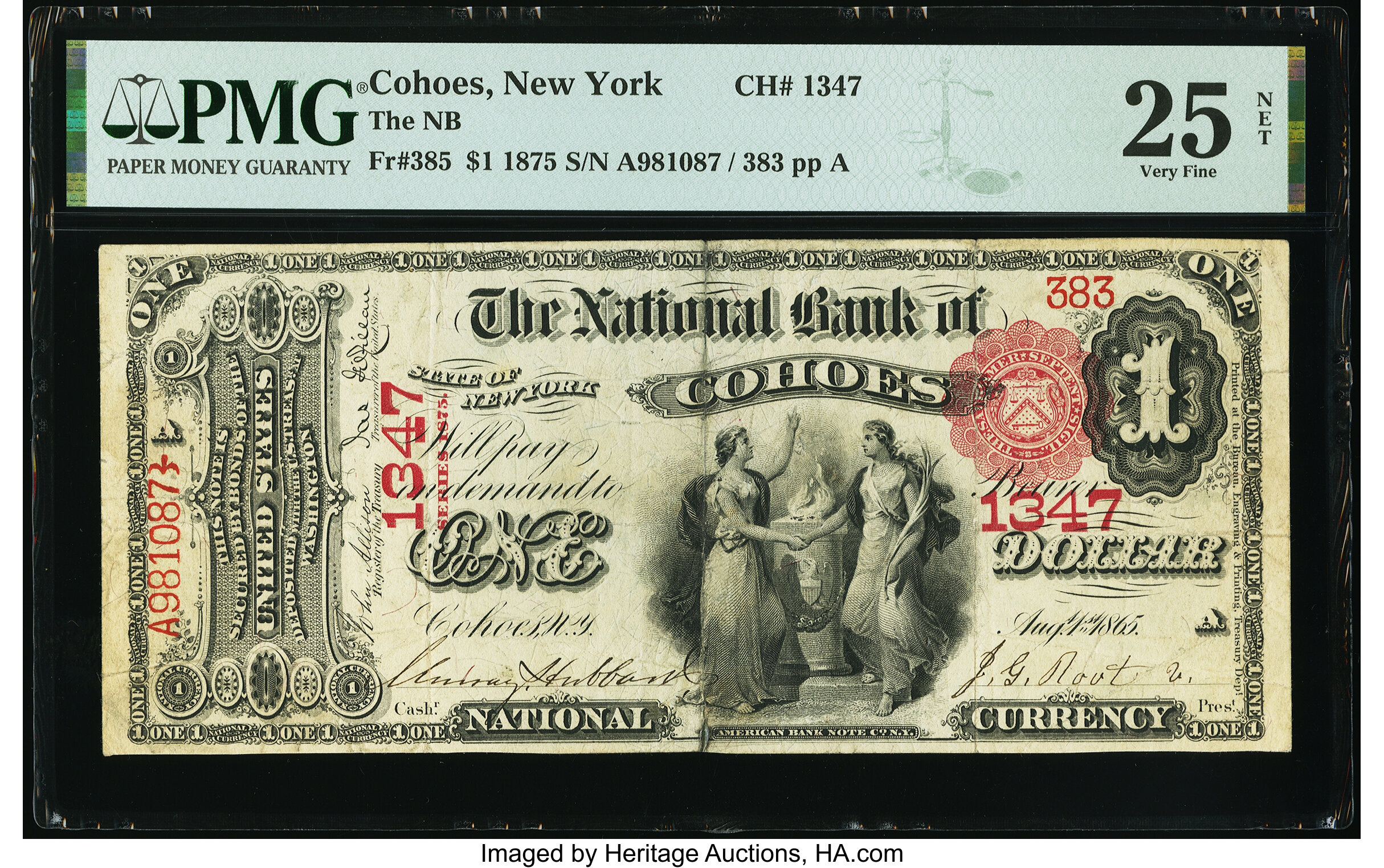 image for: Cohoes, NY - $1 1875 Fr. 385 The National Bank of Cohoes Ch. # 1347 PMG Very Fine 25 Net....