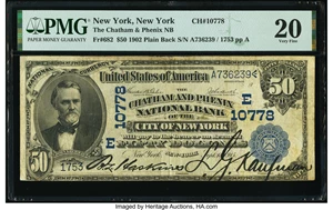 image for: New York, NY - $50 1902 Plain Back Fr. 682 The Chatham & Phenix National Bank Ch. # (E)10778 PMG Very Fine 20....