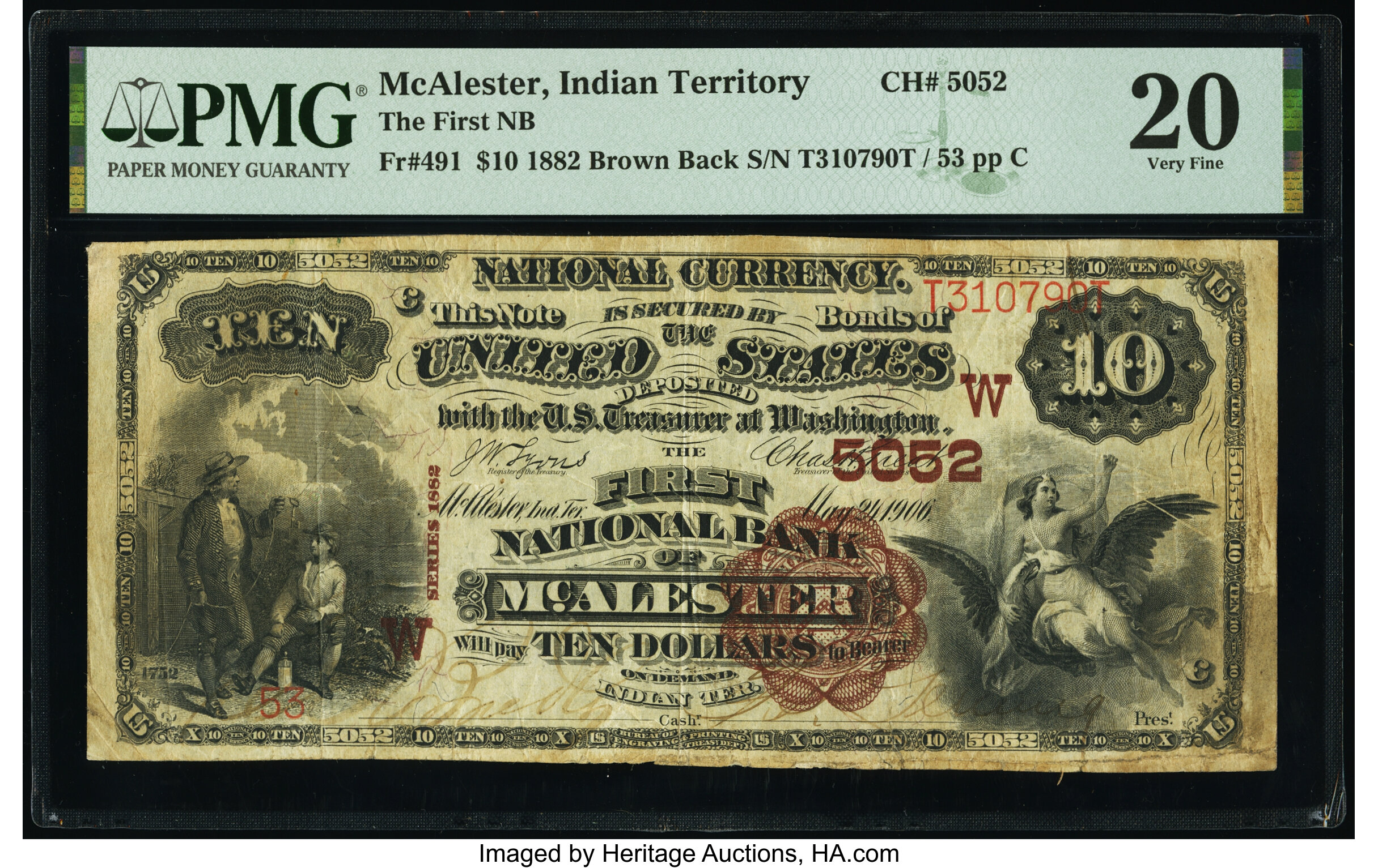 image for: McAlester, IT - $10 1882 Brown Back Fr. 491 The First National Bank Ch. # (W)5052 PMG Very Fine 20....