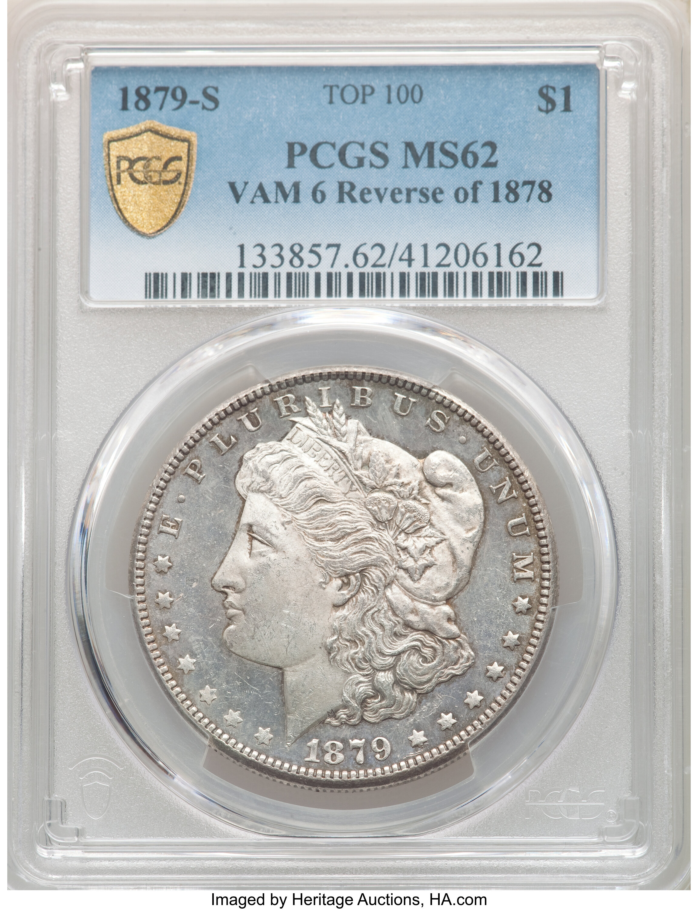 image for: 1879-S $1 Reverse of 1878, VAM-6, MS62 PCGS. A Top 100 Variety. PCGS Population: (5/0). NGC Census: (0/0). MS62....