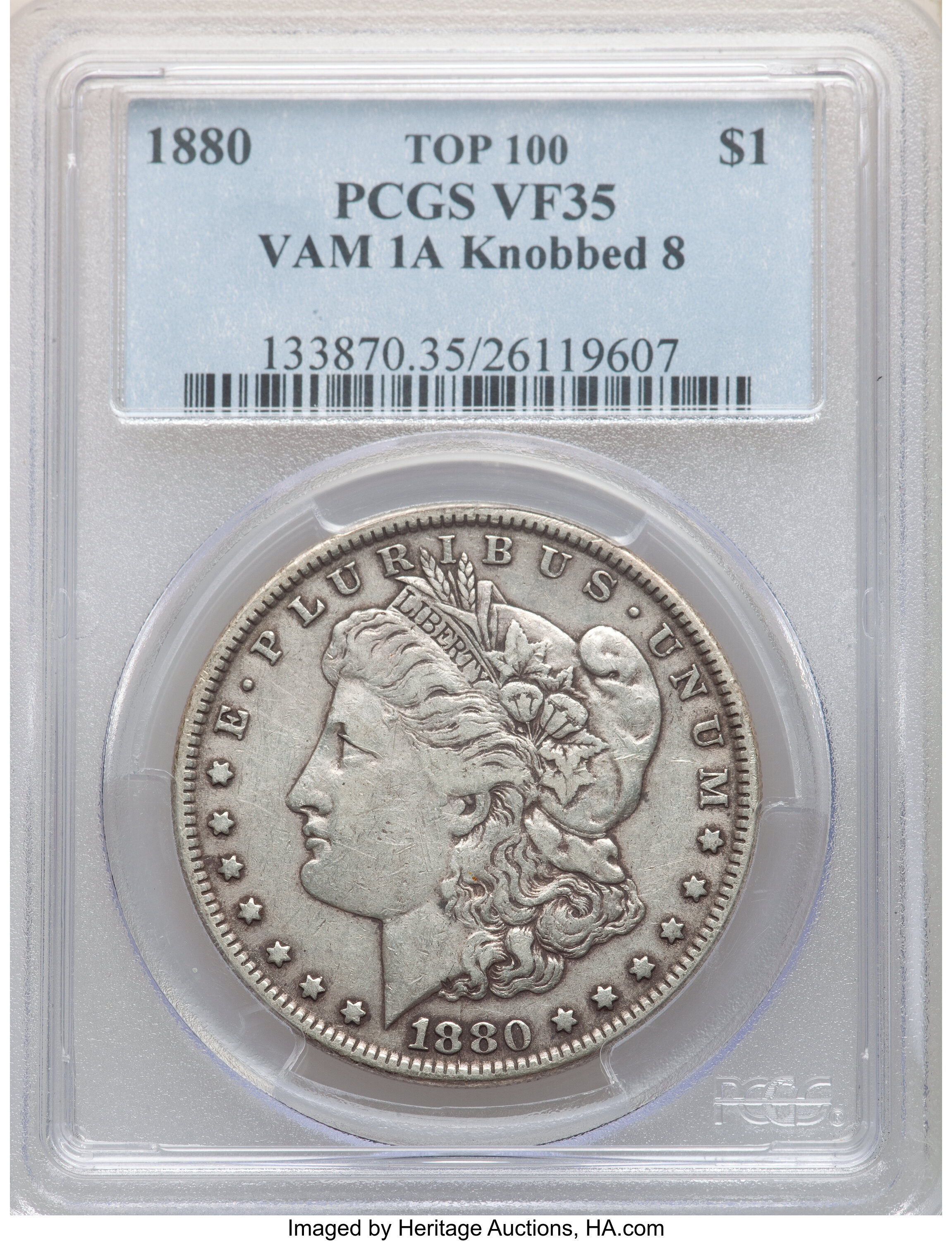 1880 $1 Knobbed 8, VAM-1A2, Top 100, VF35 PCGS. PCGS Population: (10/123). NGC Census: (4/59). VF35....