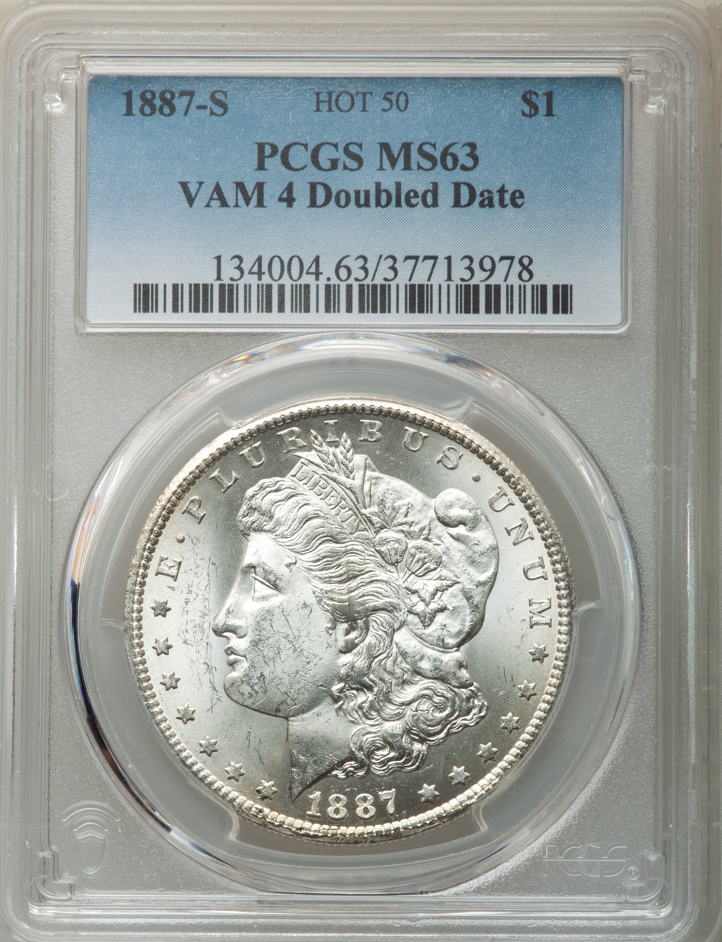 image for: 1887-S $1 Doubled Date, VAM-4, MS63 PCGS. PCGS Population: (20/17). NGC Census: (0/0). MS63. ...