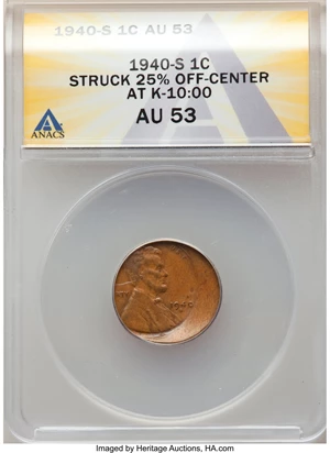 image for: 1940-S 1C Lincoln Cent -- Struck 25% Off Center @10:00 -- AU53 ANACS....