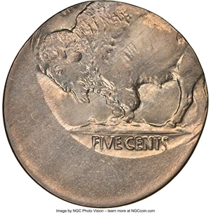 image for: Undated 5C Type Two, Buffalo Nickel -- Struck 30% Off Center -- MS63 NGC....