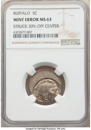 image for: Undated 5C Type Two, Buffalo Nickel -- Struck 30% Off Center -- MS63 NGC....