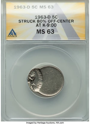 image for: 1963-D 5C Jefferson Nickel -- Struck 80% Off Center @9:00 -- MS63 ANACS....