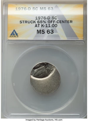 image for: 1976-D 5C Jefferson Nickel -- Struck 65% Off Center @11:00 -- MS63 ANACS....