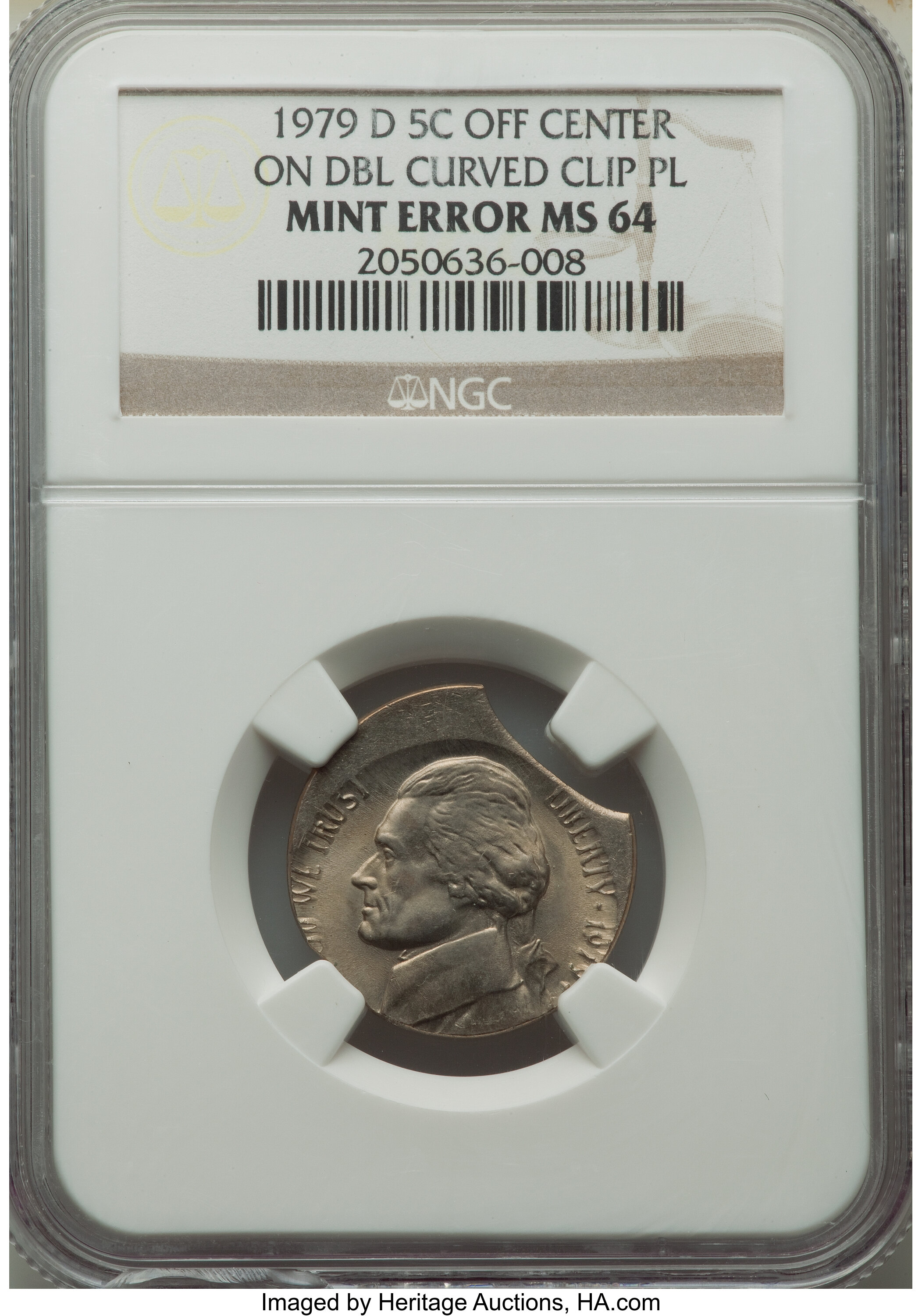 image for: 1979-D 5C Jefferson Nickel -- Struck Off Center on Double Curved Clip Planchet -- MS64 NGC....