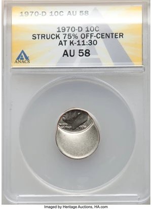 image for: 1970-D 10C Roosevelt Dime --Struck 75% Off Center @11:30 -- AU58 ANACS....