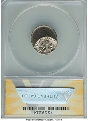 image for: 1976-D 10C Roosevelt Dime --- Struck 55% Off Center @12:30 -- MS63 ANACS....
