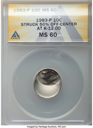 image for: 1983-P 10C Roosevelt Dime -- Struck 50% Off Center @12:00 -- MS60 ANACS....