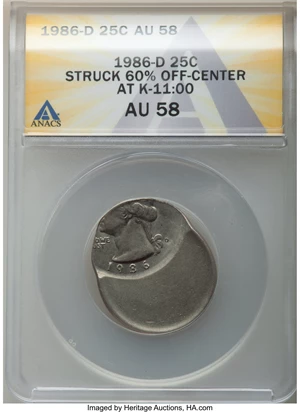 image for: 1986-D 25C Washington Quarter Dollar -- Struck 60% Off Center @11:00 -- AU58 ANACS....