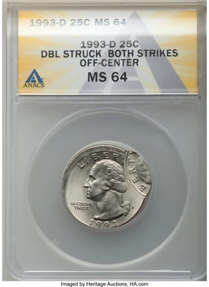 image for: 1993-D 25C Washington Quarter Dollar -- Double Struck, Both Strikes Off Center -- MS64 ANACS....