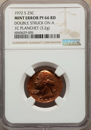 image for: 1972-S 25C Washington Quarter Dollar -- Double Struck on a 1C Planchet -- PR66 Red NGC. (3.2 grams)....