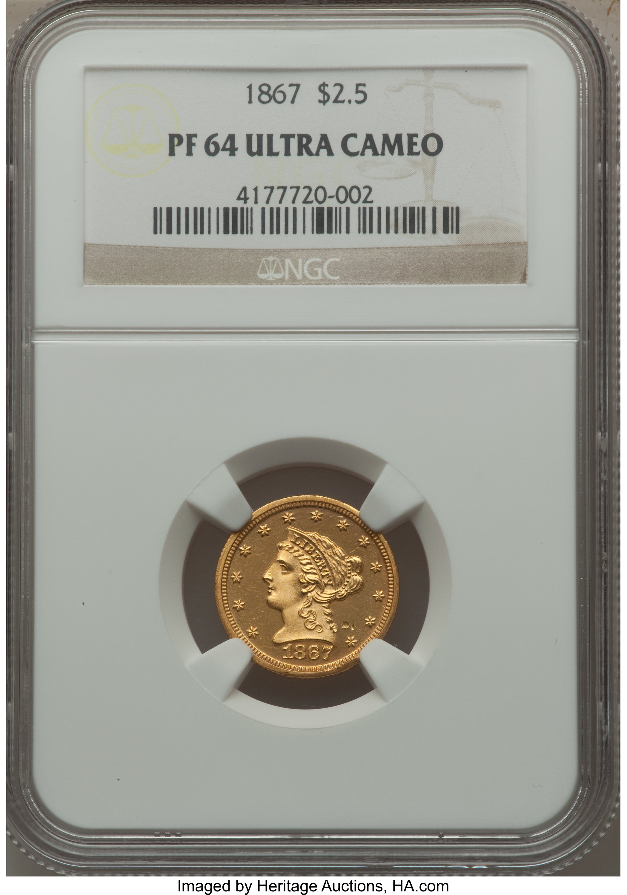 image for: 1867 $2 1/2 PR64 Ultra Cameo NGC. JD-1, High R.6....