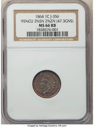 image for: 1864 1C Indian Cent, Judd-356A, Pollock-427, Low R.6, MS66 Red and Brown NGC....