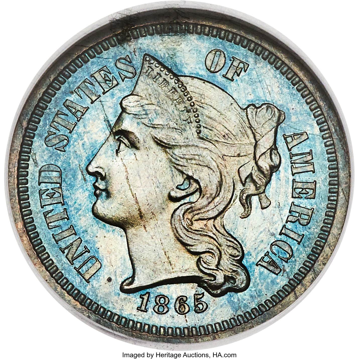 image for: 1865 3C Three Cent Nickel, Judd-411, Pollock-482, High R.6, PR64 Brown NGC....