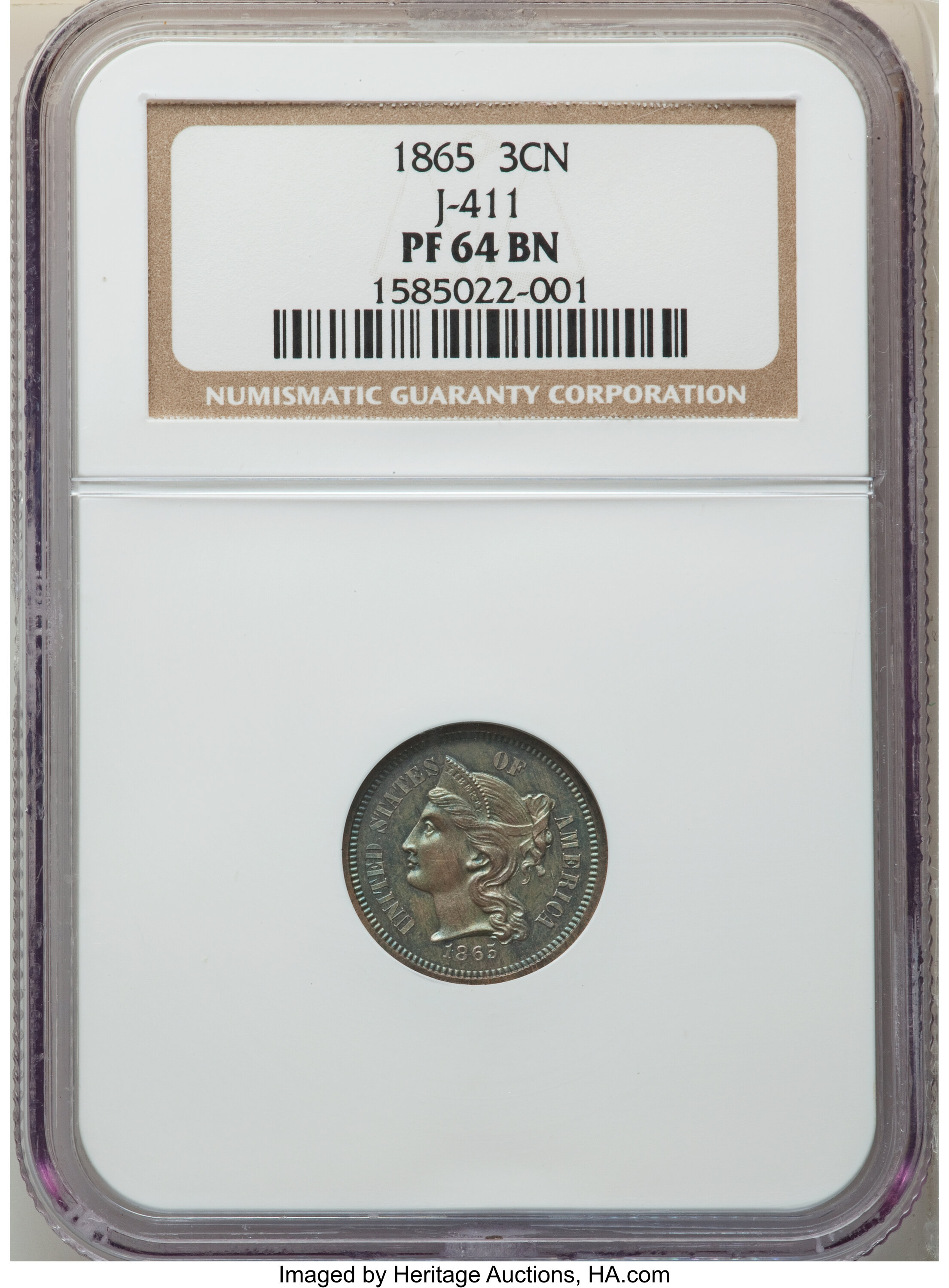 image for: 1865 3C Three Cent Nickel, Judd-411, Pollock-482, High R.6, PR64 Brown NGC....