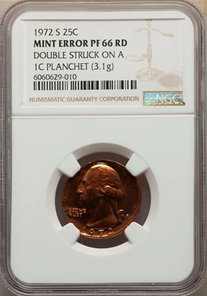 image for: 1972-S 25C Washington Quarter -- Double Struck on a Cent Planchet -- PR66 Red NGC....