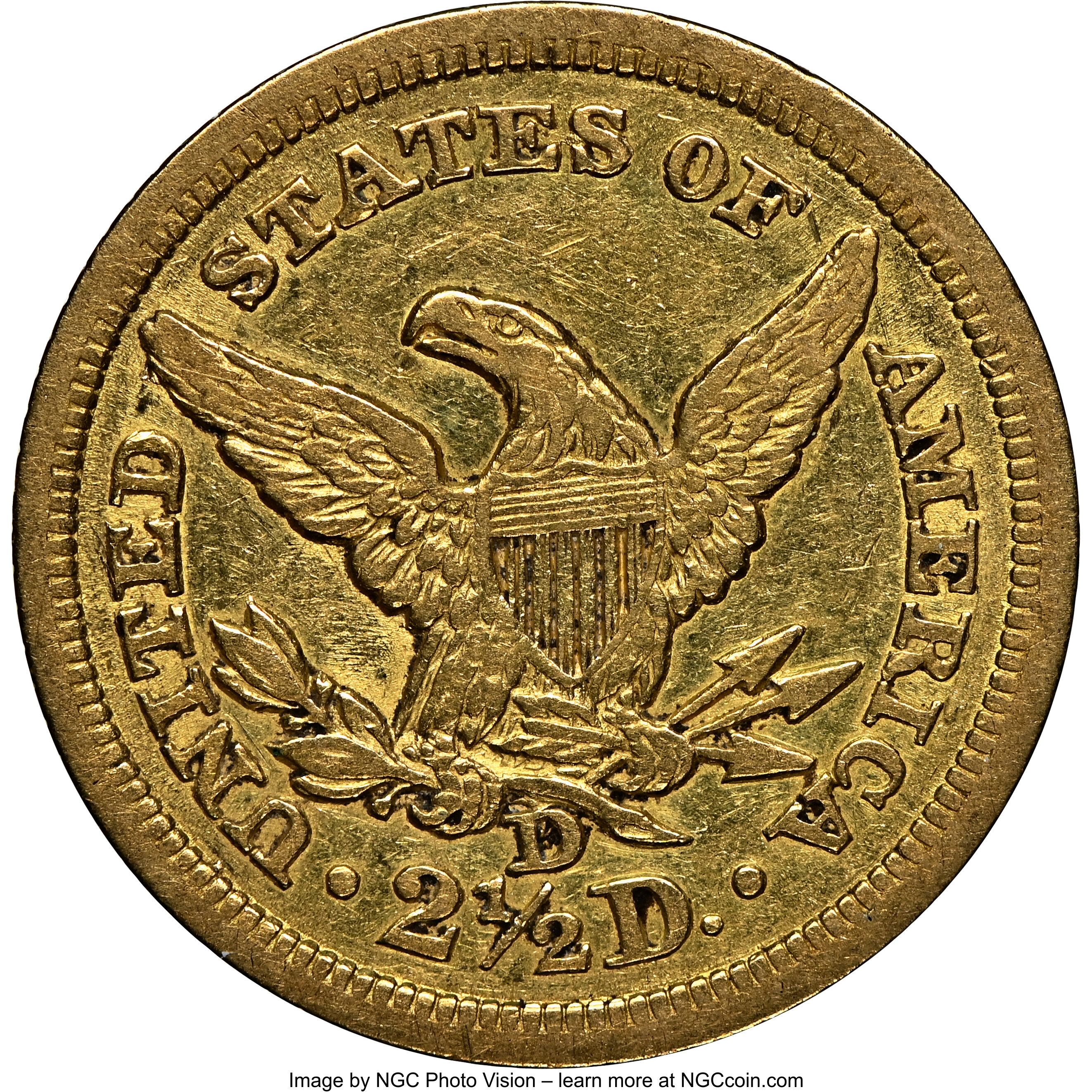 image for: 1843-D $2 1/2 Large D XF45 NGC. Variety 4-1....