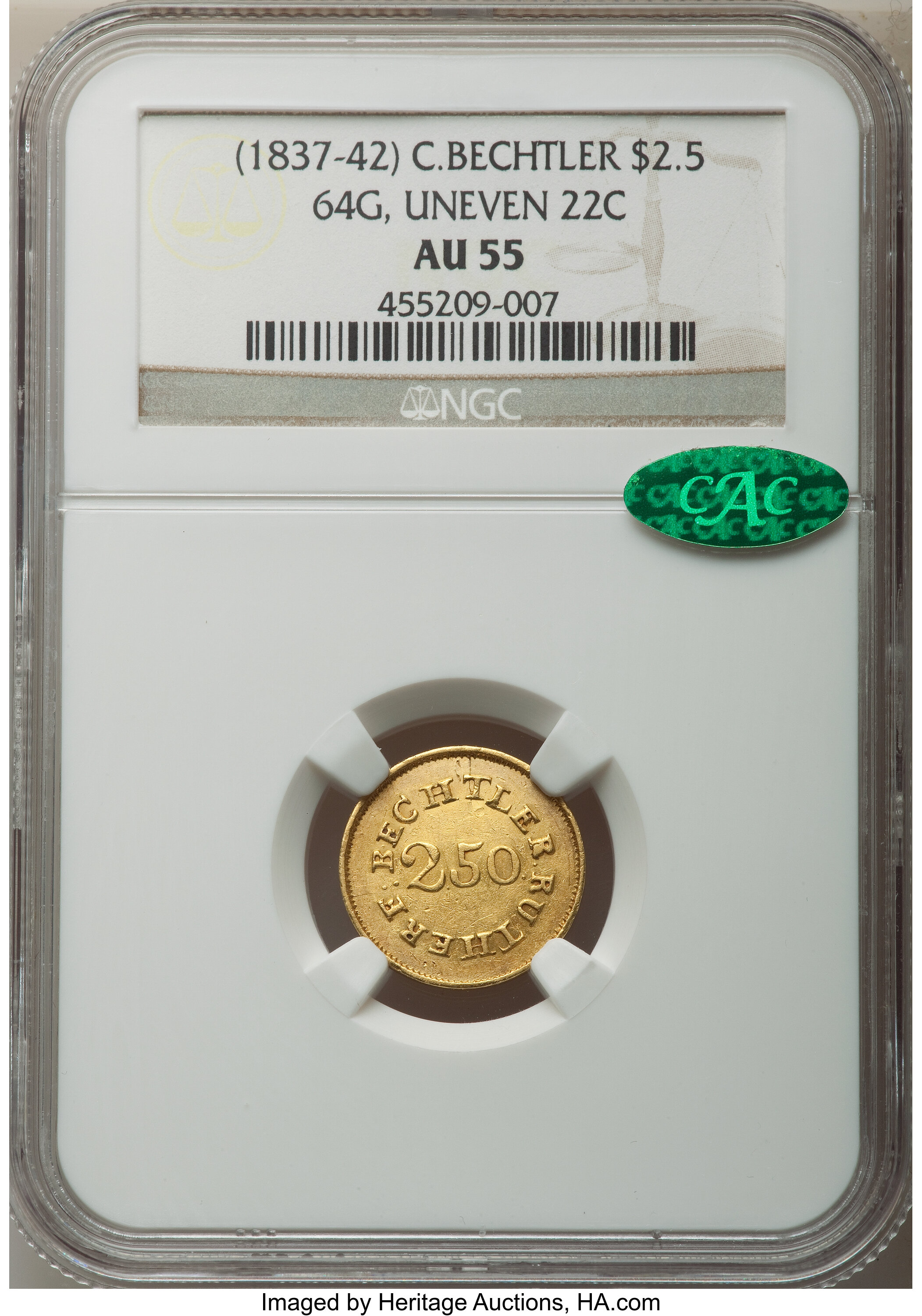 image for: (1837-42) $2 1/2 C. Bechtler Quarter Eagle, 64G. 22C. AU55 NGC. CAC. K-11, R.6....