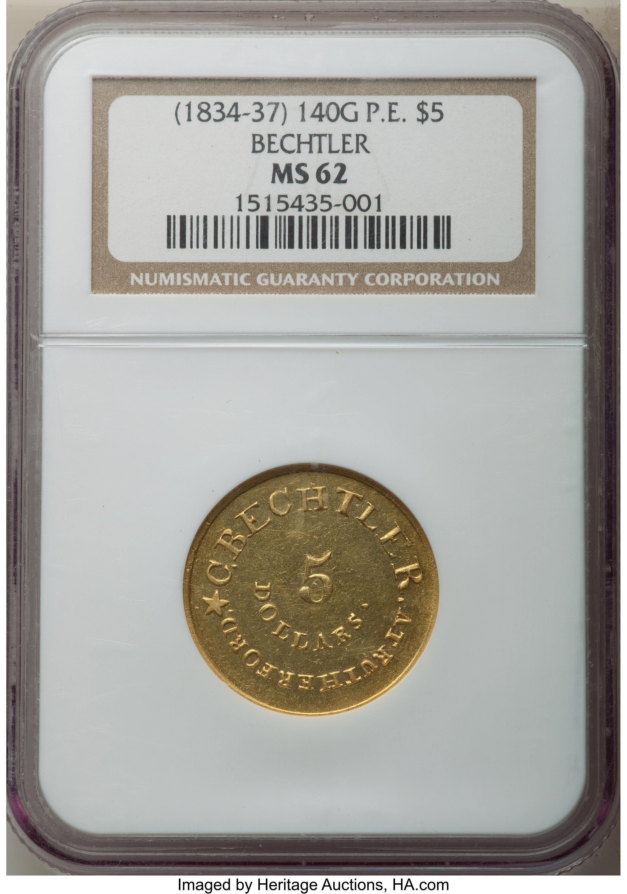 image for: (1834-37) $5 C. Bechtler Five Dollar, RUTHERFORD, Plain Edge, MS62 NGC. K-17, R.5....