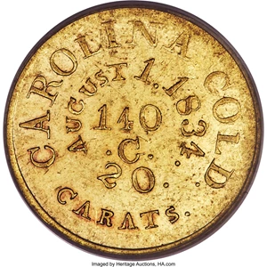 image for: (1834-37) $5 C. Bechtler Five Dollar, 140 G., 20 Distant, RUTHERF:, AU58 PCGS. K-19, R.5....