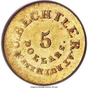 image for: (1834-37) $5 C. Bechtler Five Dollar, 140 G., 20 Distant, RUTHERF:, AU58 PCGS. K-19, R.5....