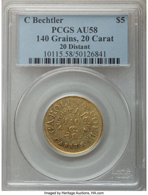 image for: (1834-37) $5 C. Bechtler Five Dollar, 140 G., 20 Distant, RUTHERF:, AU58 PCGS. K-19, R.5....