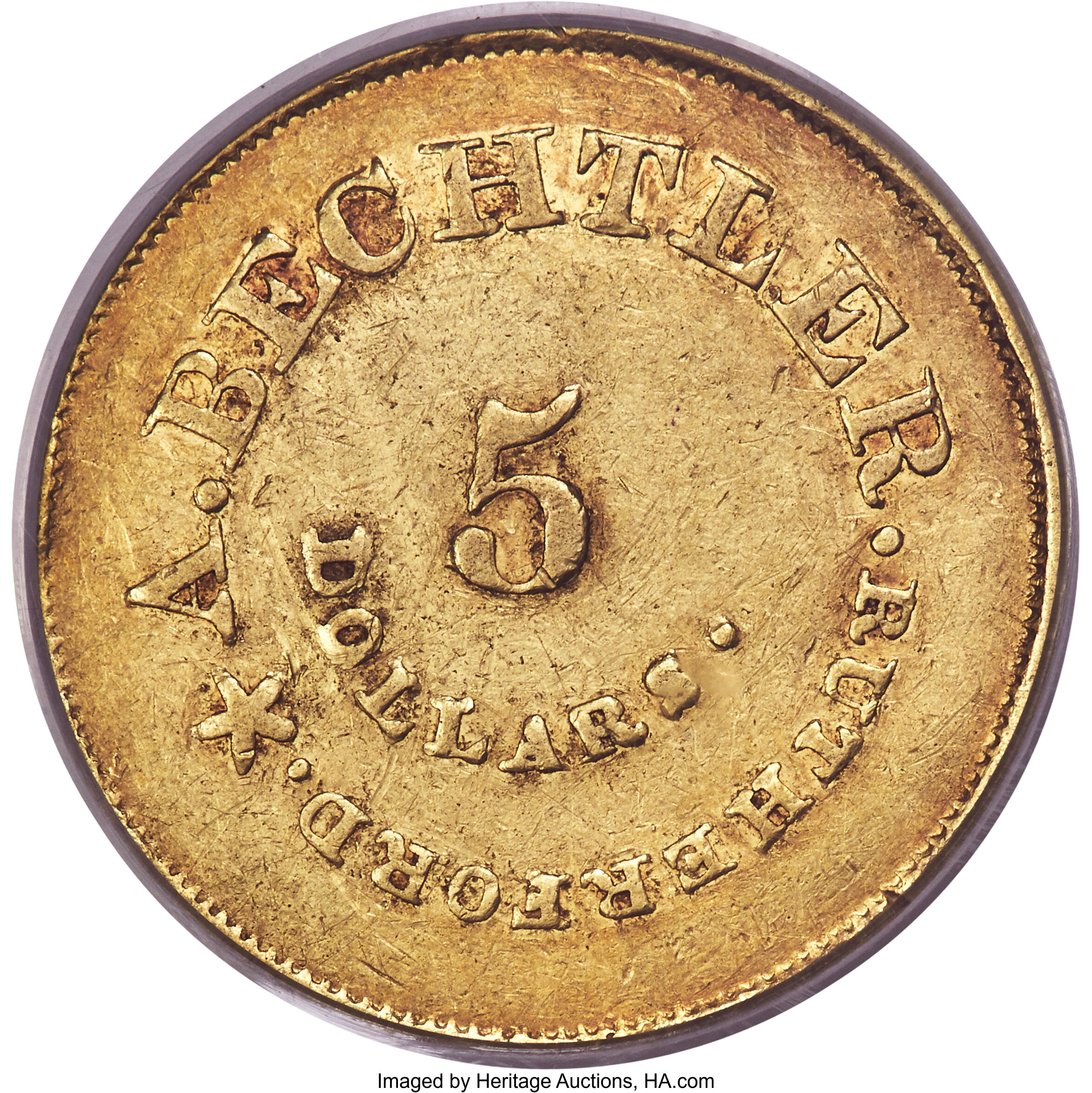 image for: (1837-1842) $5 A. Bechtler Five Dollar, 128G. 22C. XF45 PCGS. CAC. K-28, R.6....