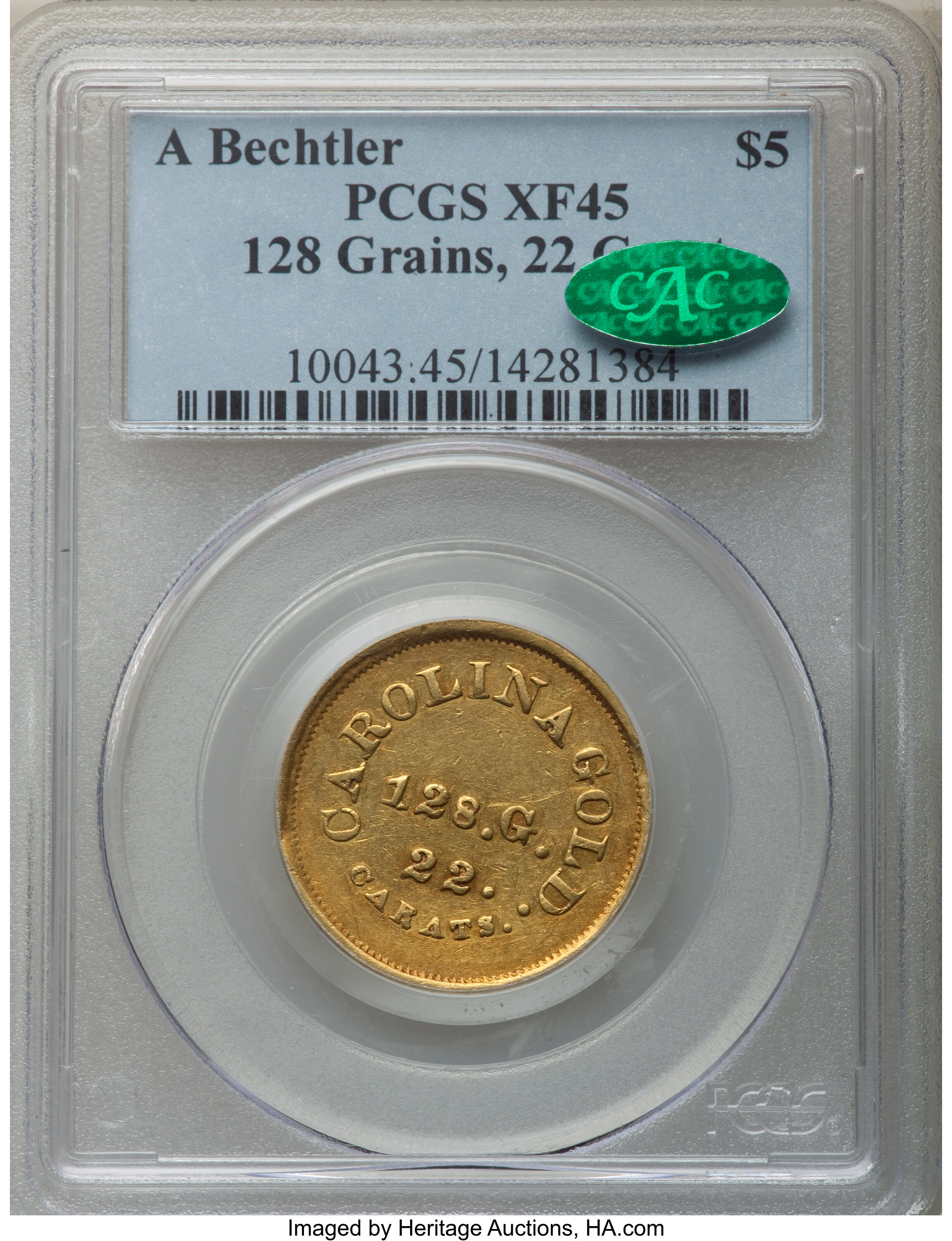 image for: (1837-1842) $5 A. Bechtler Five Dollar, 128G. 22C. XF45 PCGS. CAC. K-28, R.6....