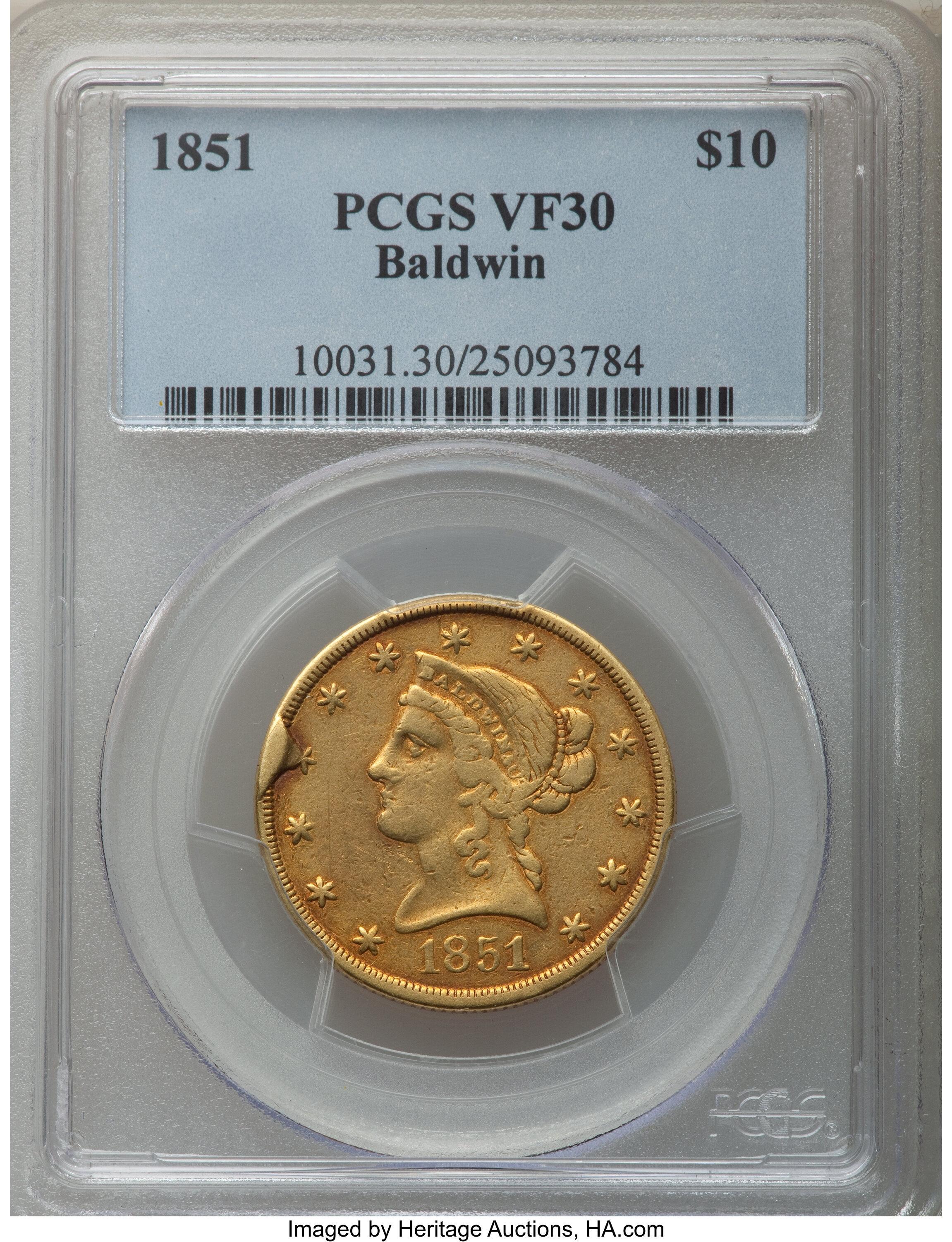 image for: 1851 $10 Baldwin Ten Dollar VF30 PCGS. K-4, High R.6....