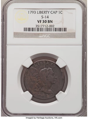 image for: 1793 1C Liberty Cap, S-14, B-17, Low R.5, VF30 NGC....