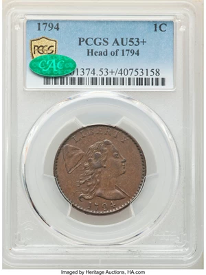 image for: 1794 1C Head of 1794, S-26, B-16, R.2, AU53+ PCGS. CAC....