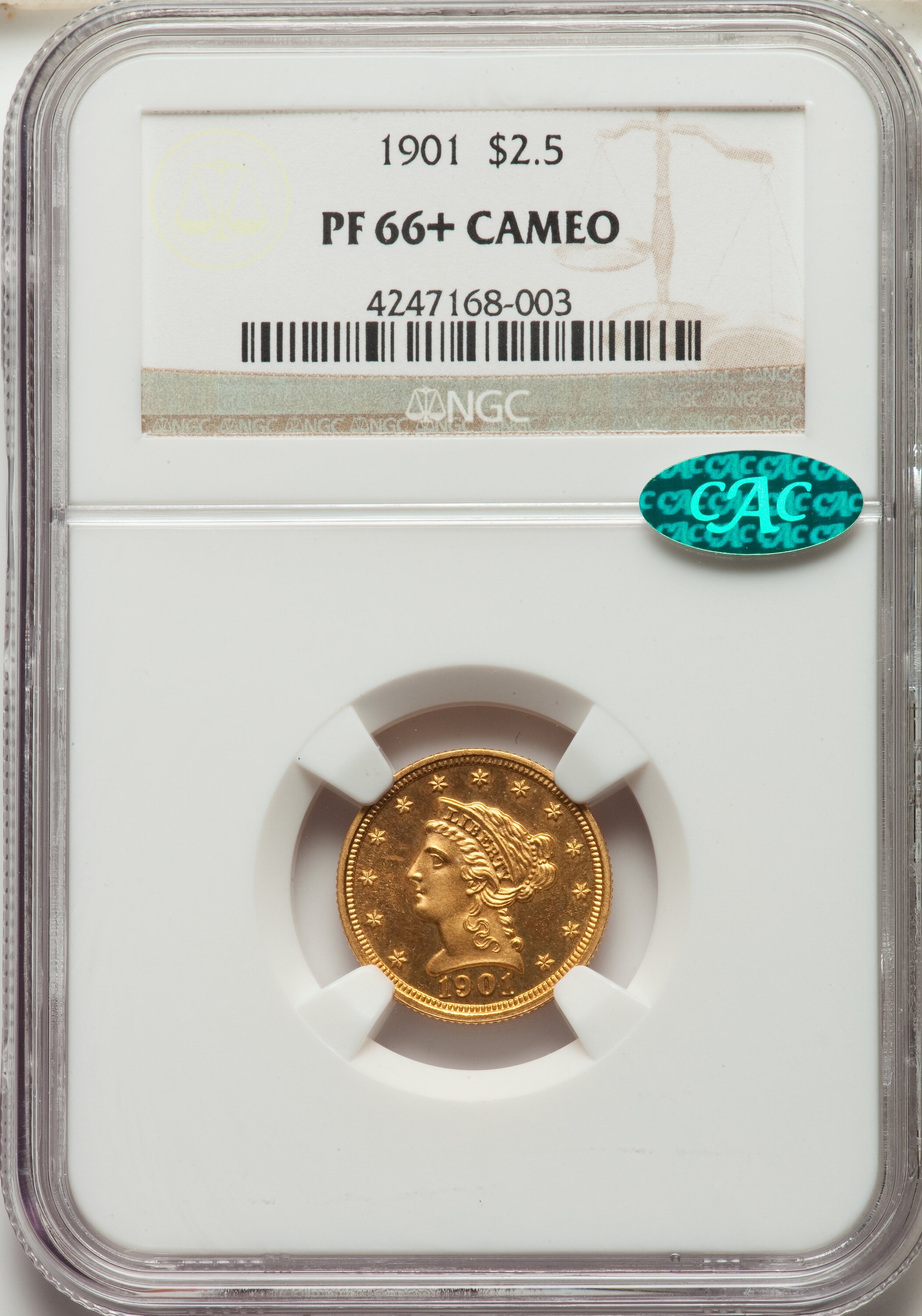 image for: 1901 $2 1/2 PR66+ Cameo NGC. CAC. JD-1, Low R.4....