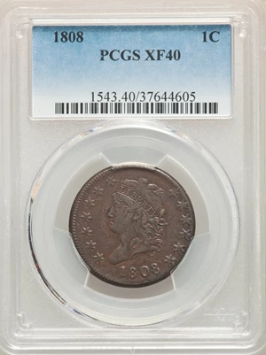 image for: 1808 1C S-279, B-3, R.1, XF40 PCGS. PCGS Population: (1/4). NGC Census: (1/1). CDN: $2,000 Whsle. Bid for NGC/PCGS XF40. ...