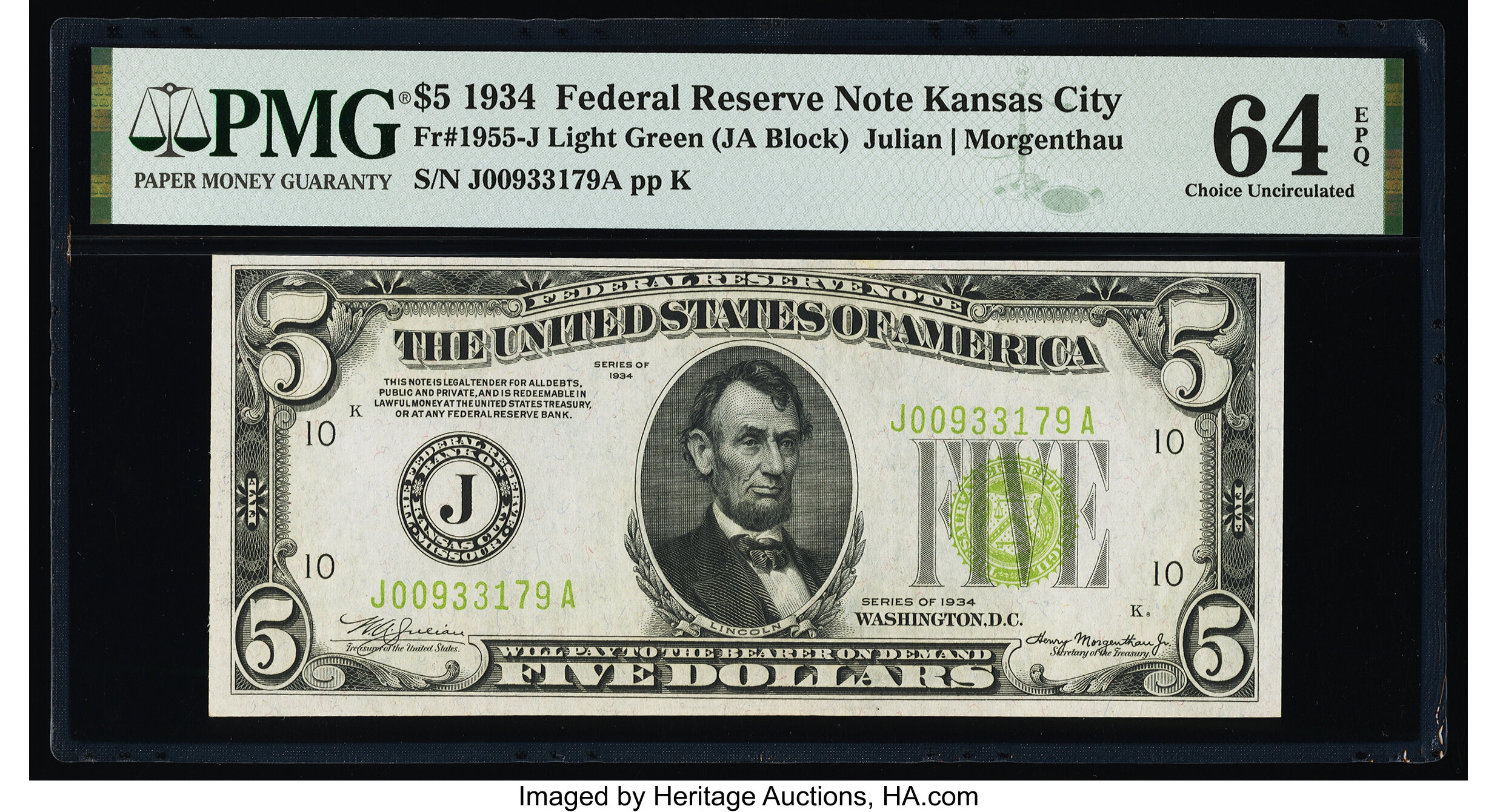 image for: Fr. 1955-J $5 1934 Federal Reserve Note. PMG Choice Uncirculated 64 EPQ....