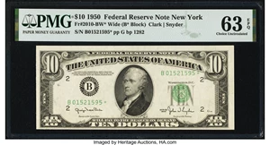image for: Fr. 2010-B* $10 1950 Wide Federal Reserve Star Note. PMG Choice Uncirculated 63 EPQ....