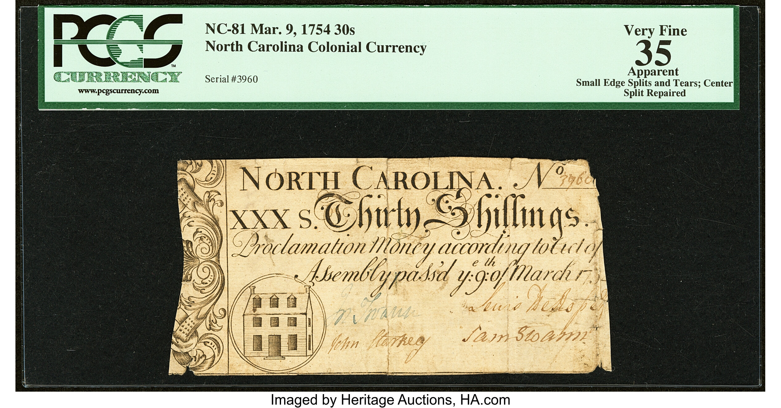 image for: North Carolina March 9, 1754 30s PCGS Apparent Very Fine 35....