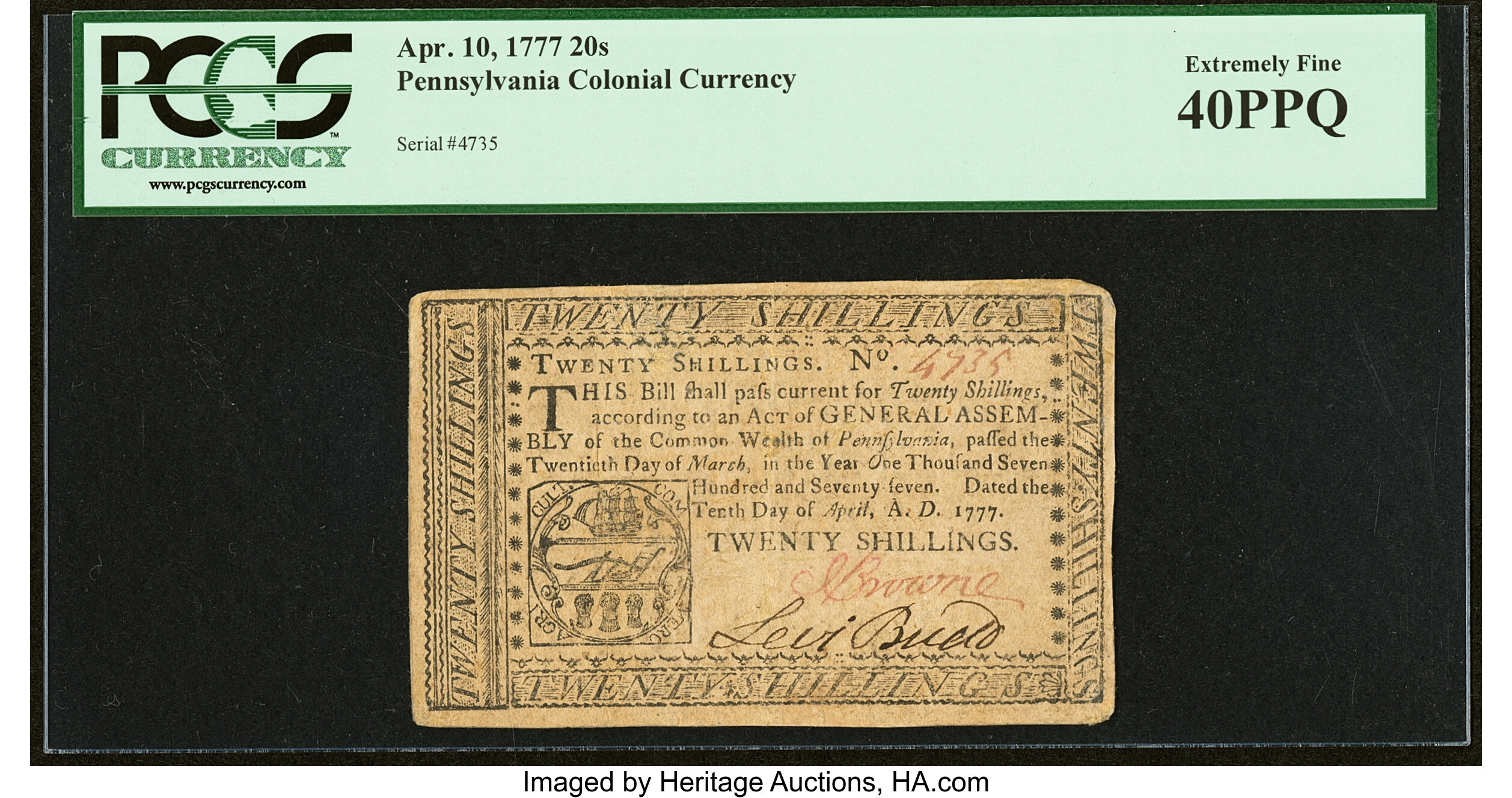image for: Pennsylvania April 10, 1777 20s PCGS Extremely Fine 40PPQ....