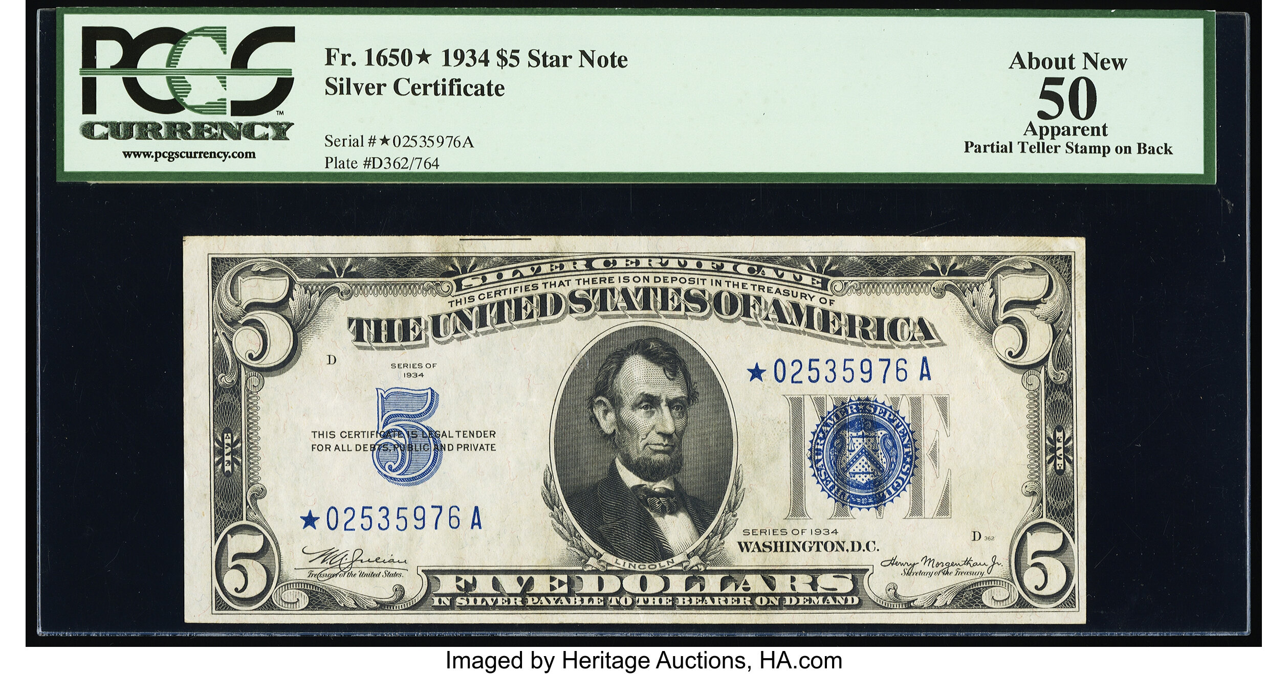 image for: Fr. 1650* $5 1934 Silver Certificate Star. PCGS Apparent About New 50....