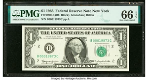 image for: Fr. 1900-B $1 1963 Federal Reserve Note. B-C Block. PMG Gem Uncirculated 66 EPQ....