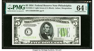 image for: Fr. 1955-C $5 1934 Federal Reserve Note. PMG Choice Uncirculated 64 EPQ....