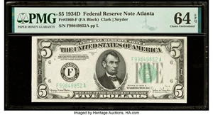 image for: Fr. 1960-F $5 1934D Federal Reserve Note. F-A Block. PMG Choice Uncirculated 64 EPQ....