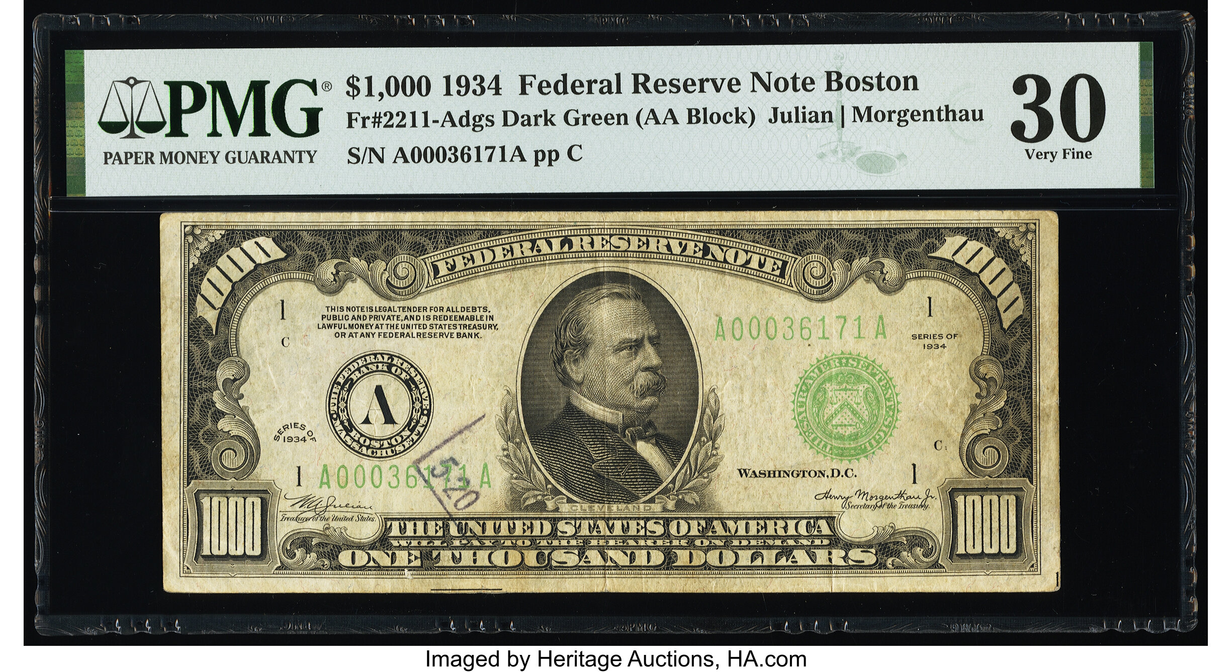 image for: Fr. 2211-A $1,000 1934 Federal Reserve Note. PMG Very Fine 30....
