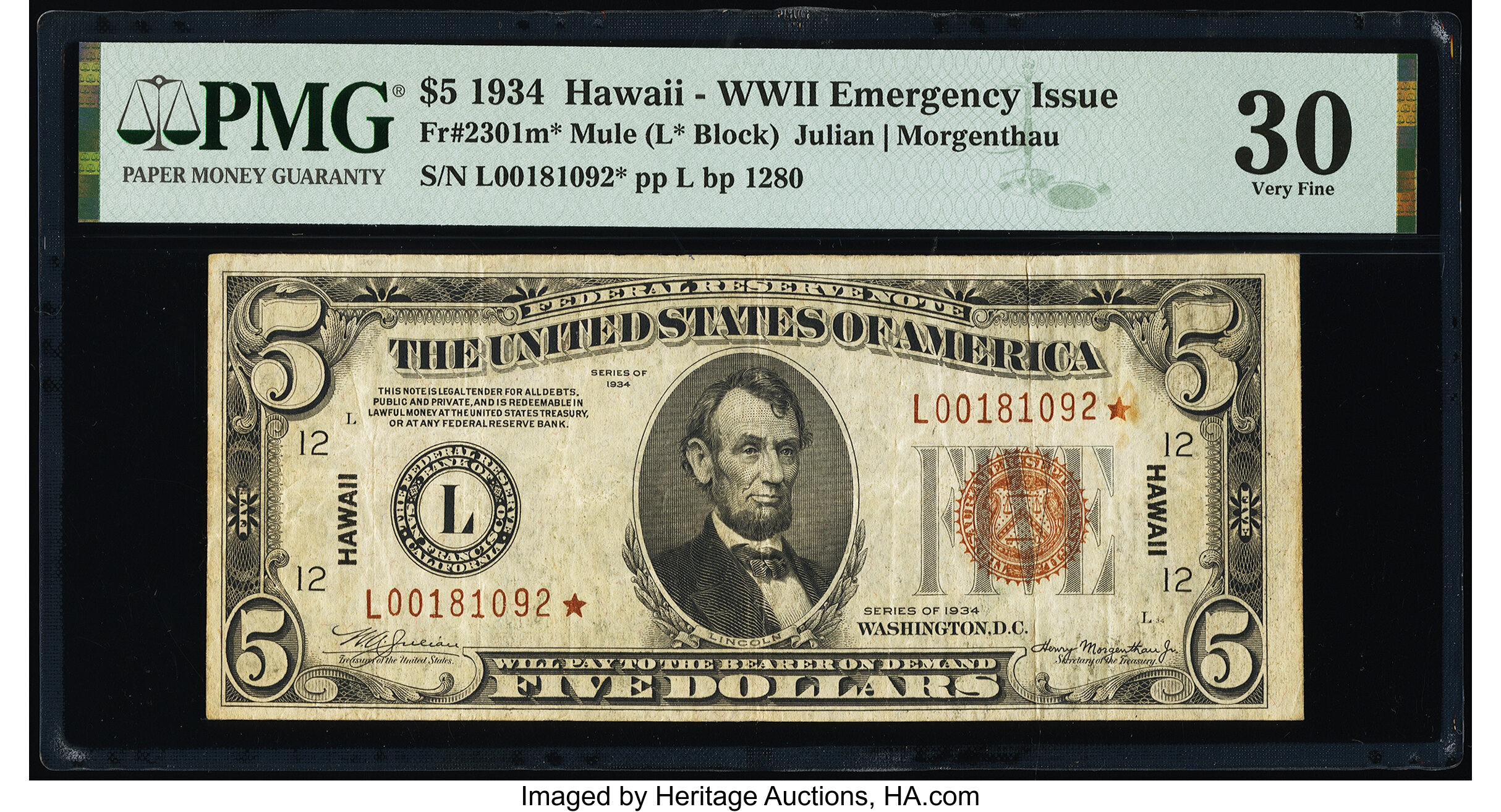 image for: Fr. 2301* $5 1934 Mule Hawaii Federal Reserve Star Note. PMG Very Fine 30....